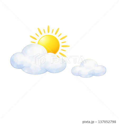 水彩風 太陽と雲のイラスト 晴れの空 天気素材 切り抜きPNG 137052798