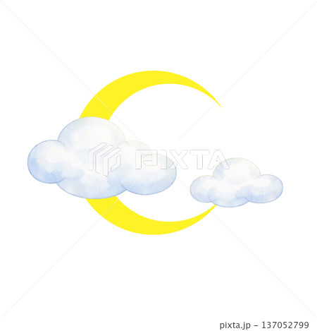 水彩風 三日月と雲のイラスト 夜空素材 切り抜きPNG 137052799