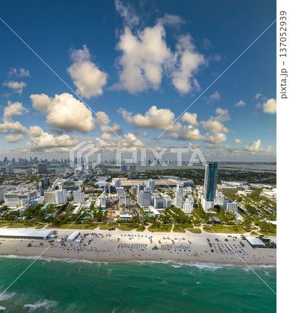 View from above of american southern seashore of Miami Beach city. South Beach high luxurious hotels and apartment buildings. Tourist infrastructure in southern Florida, USA 137052939