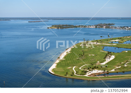 Aerial view of large golf course with green grass in Boca Grande in southwest Florida. Place for outdoor activities 137052994