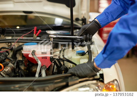 ボンネットの中を修理する自動車整備士 ボンネットの中を修理する自動車整備士 137053102
