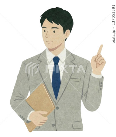 バインダーを持ち人差し指を立てるスーツ姿の男性 137053591