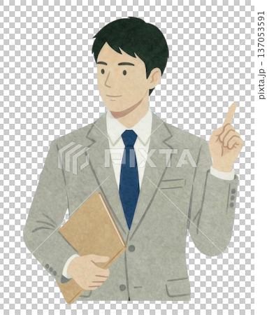 バインダーを持ち人差し指を立てるスーツ姿の男性 137053591