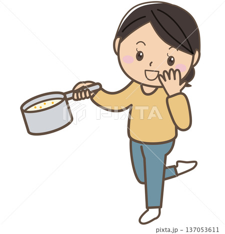 料理中に味見する主婦イラスト（成功・おいしい表情） 137053611