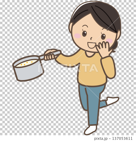 料理中に味見する主婦イラスト（成功・おいしい表情） 137053611