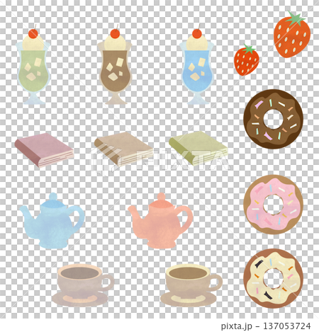 水彩風 かわいいスイーツとカフェのイラストセット ドーナツ メロンソーダ ティータイム 手書き 透過 137053724