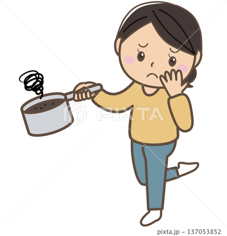 料理失敗で焦げた鍋に困る女性イラスト 137053852