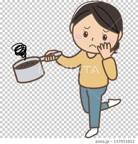 料理失敗で焦げた鍋に困る女性イラスト 137053852