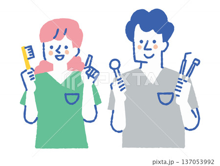歯ブラシを持つ女性と器具を持つ歯科医師_色 歯ブラシを持つ女性と器具を持つ歯科医師_色 137053992