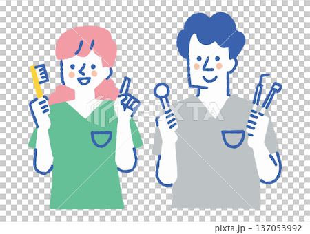 一位女士拿著牙刷，一位牙醫拿著器械_彩色 137053992