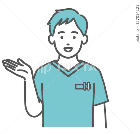 案内・紹介をするスクラブ姿の男性医療従事者のイラスト（上半身） 137054125