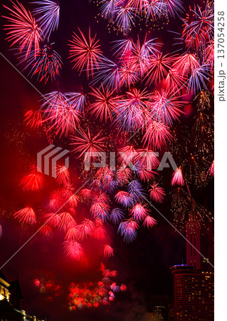 Colorful fireworks celebration and the city night light background. 137054258