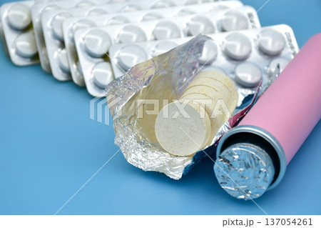 Various kind of medicine background on light blue counter. Various kind of medicine background on light blue counter. 137054261