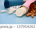 Various kind of medicine background on light blue counter. 137054262