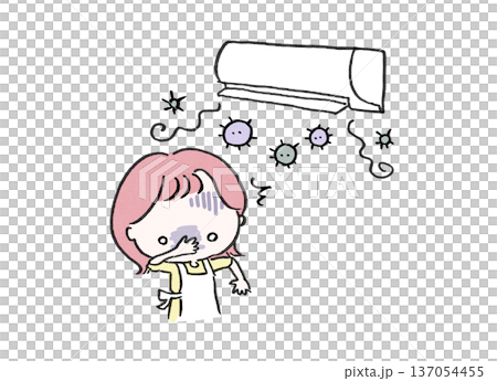 Illustration of a woman panicking because the air conditioner smells moldy (cleaning/house cleaning) Illustration of a woman panicking because the air conditioner smells moldy (cleaning/house cleaning) 137054455