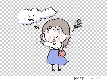 A woman who is unwell and has a headache due to changes in atmospheric pressure (weather-related illness/weather pain) 137054460