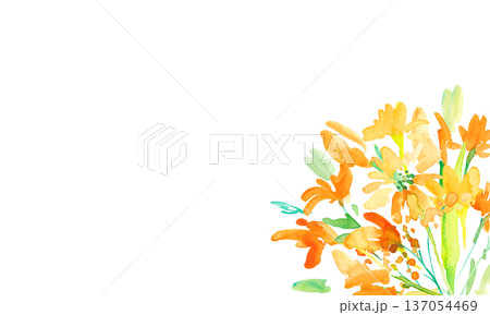 水彩画。水彩タッチの黄色い花イラストセット。黄色いチューリップのベクター植物背景。 水彩画。水彩タッチの黄色い花イラストセット。黄色いチューリップのベクター植物背景。 137054469