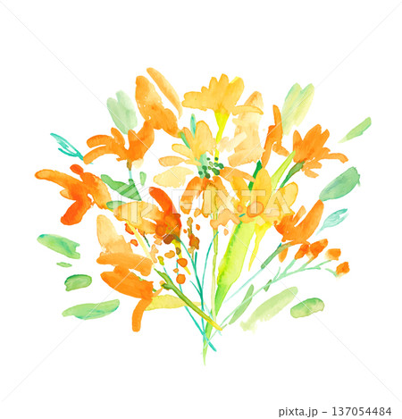 水彩画。水彩タッチの黄色い花イラストセット。黄色いチューリップのベクター植物背景。 137054484