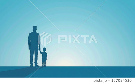 父の日の感謝や育児支援の広告に最適な親子の後ろ姿のシルエットと明るい希望を感じさせる背景デザイン 137054530