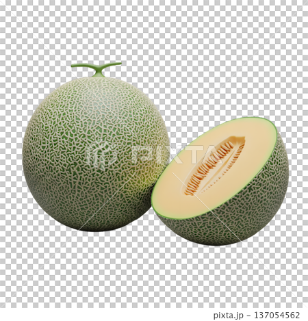 3D Melon Illustration with Whole Textured Fruit and Slice 137054562