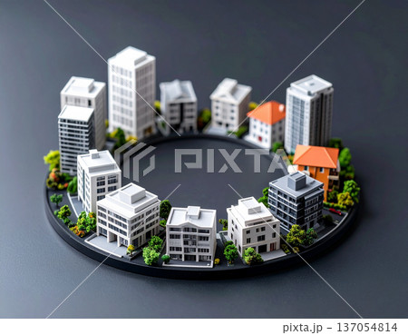 円形に配置された建物模型で表現する不動産投資ポートフォリオ分散 円形に配置された建物模型で表現する不動産投資ポートフォリオ分散 137054814