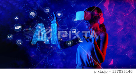 Engaging female figure wearing virtual reality headset amidst vibrant digital backdrop symbolizing generative AI, personal assistants, and innovative technology XDMCP 137055146