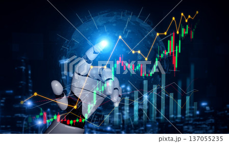 Futuristic robotic hand interacting with digital financial graphs and data visualization, showcasing technology and innovation in finance Scalp 137055235