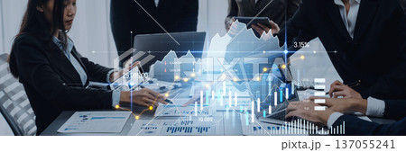 Business team analyzing financial reports and market trends with charts and graphs in modern office setting focusing on technology and collaboration Scalp Business team analyzing financial reports and market trends with charts and graphs in modern office setting focusing on technology and collaboration Scalp 137055241