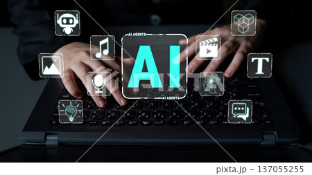 Futuristic Concept of Artificial Intelligence Technology with Hands Typing on Laptop Surrounded by Digital Icons Representing Innovation and Creativity Quark Futuristic Concept of Artificial Intelligence Technology with Hands Typing on Laptop Surrounded by Digital Icons Representing Innovation and Creativity Quark 137055255