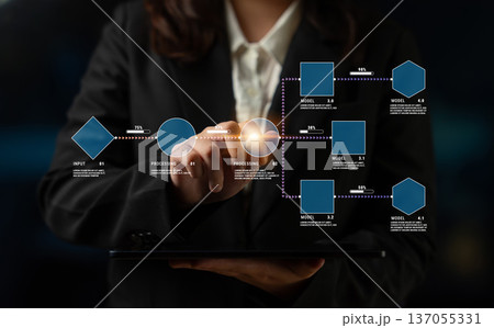 Business professional using digital interface for data processing and model selection, showing workflow and decision-making in technology environment Quark 137055331