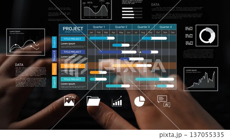 Data Visualization with Project Management Tools Featuring Gantt Chart and Performance Metrics on a Digital Interface Gluon 137055335