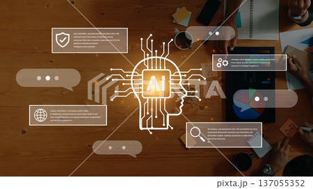 Innovative Visual Representation of Artificial Intelligence Concept with Graphic Elements and Colorful Data Charts on a Wooden Desk Setting Gluon 137055352