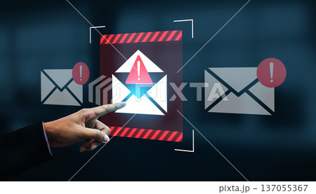 Digital Security Notification Concept with Email Alert, Warning Icon, and Hand Pointing to Critical Message on Screen Background Gantry 137055367