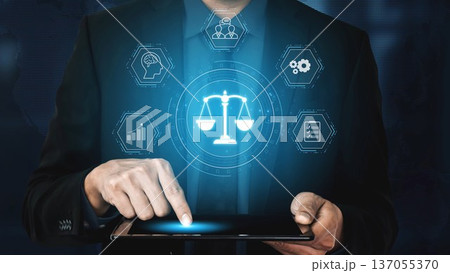 Digital law interface displaying justice scale, highlighting digital law Muxer 137055370