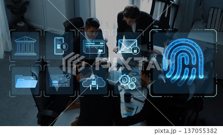 Business Team Collaborating on Digital Security Solutions with Fingerprint Technology in Modern Office Setting. Raster 137055382