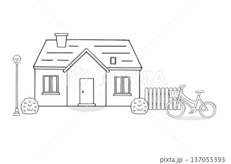 北欧風街角の家と自転車セット（線画） 137055393