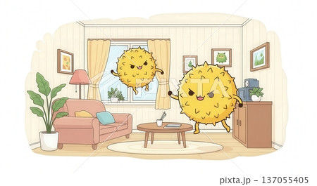 春の杉花粉キャラクターが街中や室内に飛散するかわいいイラスト｜住宅街・洗濯物・リビング・寝室の花粉症 137055405