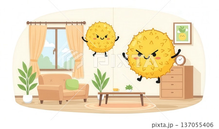 春の杉花粉キャラクターが街中や室内に飛散するかわいいイラスト｜住宅街・洗濯物・リビング・寝室の花粉症 137055406