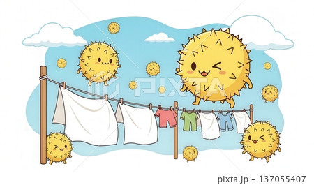 春の杉花粉キャラクターが街中や室内に飛散するかわいいイラスト｜住宅街・洗濯物・リビング・寝室の花粉症 137055407