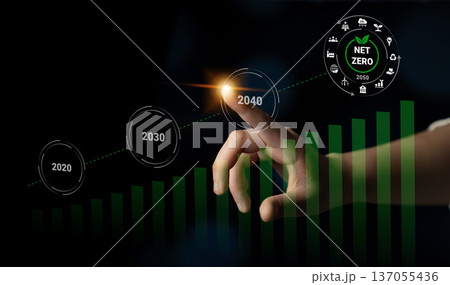 Hand Reaching Towards Future Goals with Graphs, Years Indicating Progress Towards Sustainability and Net Zero Emissions in 2040 Gantry 137055436