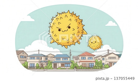 春の杉花粉キャラクターが街中や室内に飛散するかわいいイラスト｜住宅街・洗濯物・リビング・寝室の花粉症 137055449