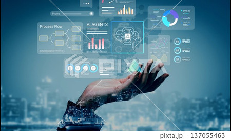 Futuristic Hand Reaching for Digital Data Representations with AI Insights and Statistical Charts Overlaying Urban Nightscape Background Gluon 137055463
