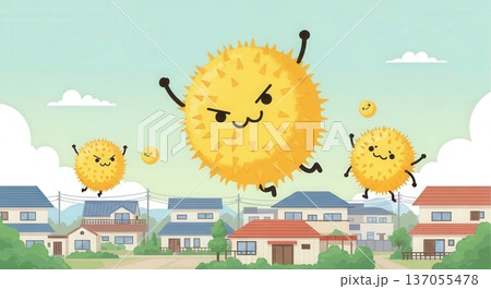 春の杉花粉キャラクターが街中や室内に飛散するかわいいイラスト｜住宅街・洗濯物・リビング・寝室の花粉症 137055478