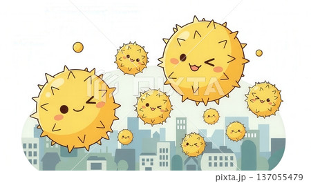 春の杉花粉キャラクターが街中や室内に飛散するかわいいイラスト|住宅街・洗濯物・リビング・寝室の花粉症 春の杉花粉キャラクターが街中や室内に飛散するかわいいイラスト|住宅街・洗濯物・リビング・寝室の花粉症 137055479