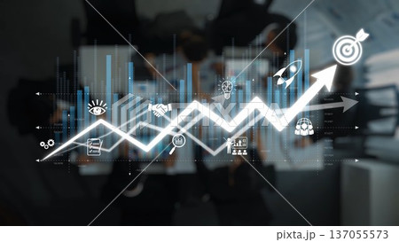 Abstract Image of Business Concepts with Growth Arrow and Various Icons Representing Innovation, Data, and Success in Modern Corporate Environment. Raster 137055573