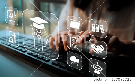 Innovative Learning with Artificial Intelligence Concept: Hands Typing on Keyboard Surrounded by Technology Icons Representing Education and Automation Gluon 137055729