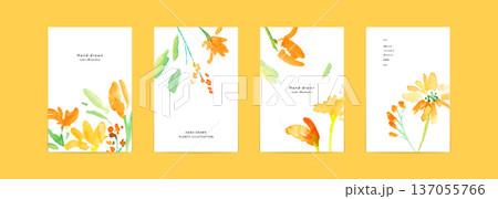 水彩画。水彩タッチの黄色い花イラストセット。黄色いチューリップのベクター植物背景。 137055766