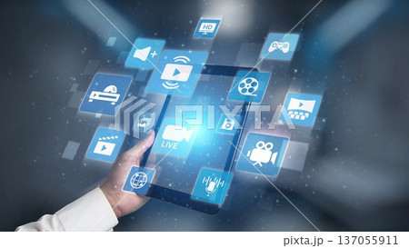 Multimedia technology icons with video, music, image and streaming concept Gist Multimedia technology icons with video, music, image and streaming concept Gist 137055911