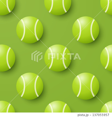 Vector Green Tennis Ball Seamless Pattern. Green Vector Background with 3d Tennis Balls. Repeat Tile for Sports Design, Tennis Ball Pattern for Textile, Packaging, Gift Wrap, Fabric 137055957
