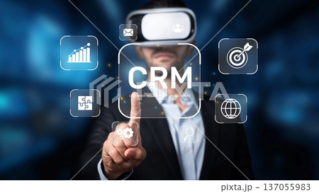 Business Professional Using Virtual Reality Technology to Manage Customer Relationship Strategies in Modern Digital Environment. Raster Business Professional Using Virtual Reality Technology to Manage Customer Relationship Strategies in Modern Digital Environment. Raster 137055983
